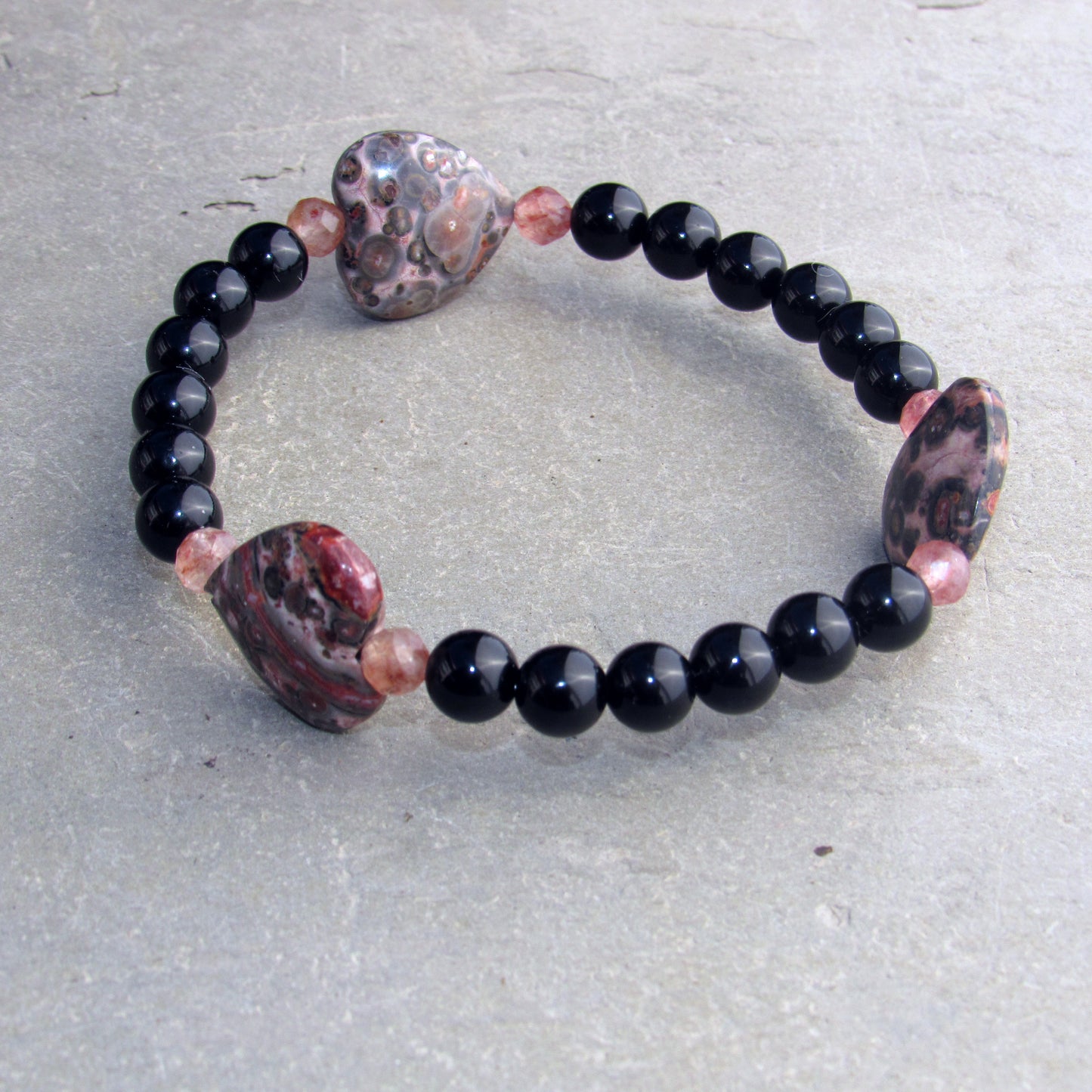 Leopard Print Jasper Gemstone Hearts, Lepidolite, and Onyx, Stretch Bracelets