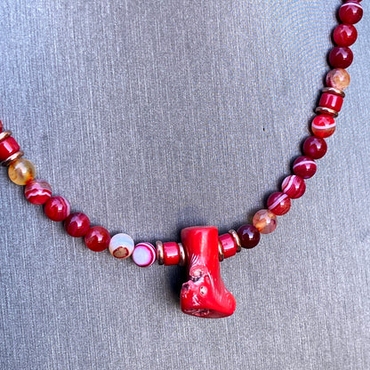 Red Agate gemstone, Copper, and Coral necklace