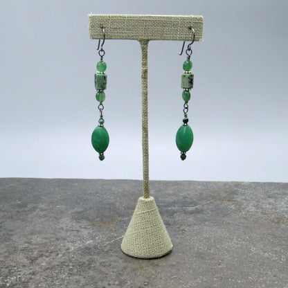 Aventurine, African Turquoise, and Oxidized Sterling Silver Drop Earrings