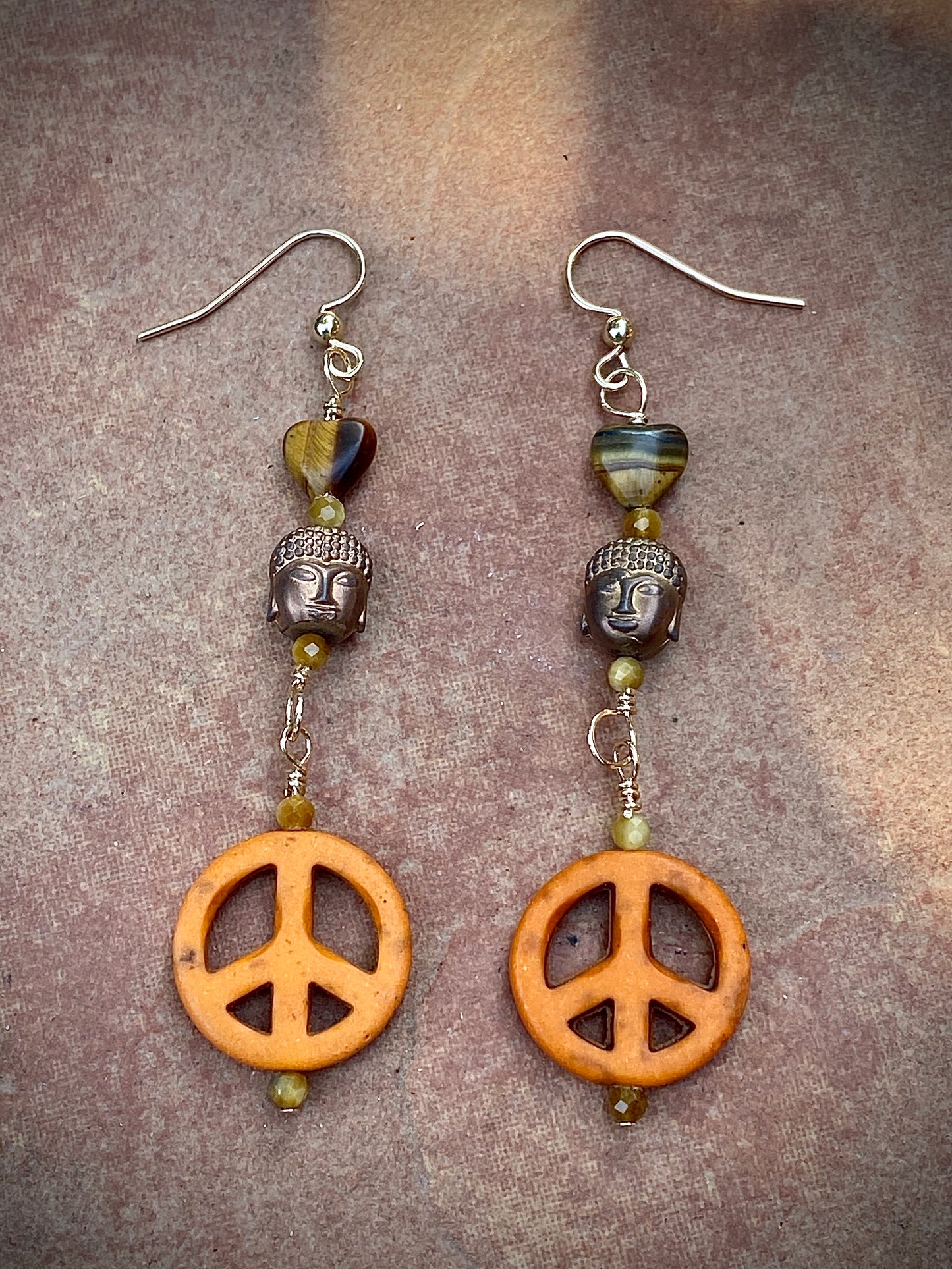 Howlite Peace Signs, Tiger’s Eye, Hematite, and 14 Kt Gf Drop Earrings