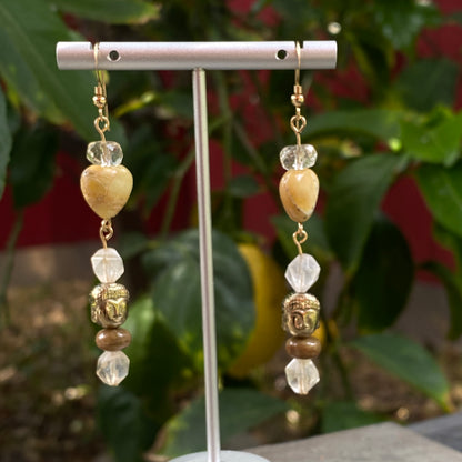 Buddha hematite, citrine, yellow agate heart, gold filled drop earrings