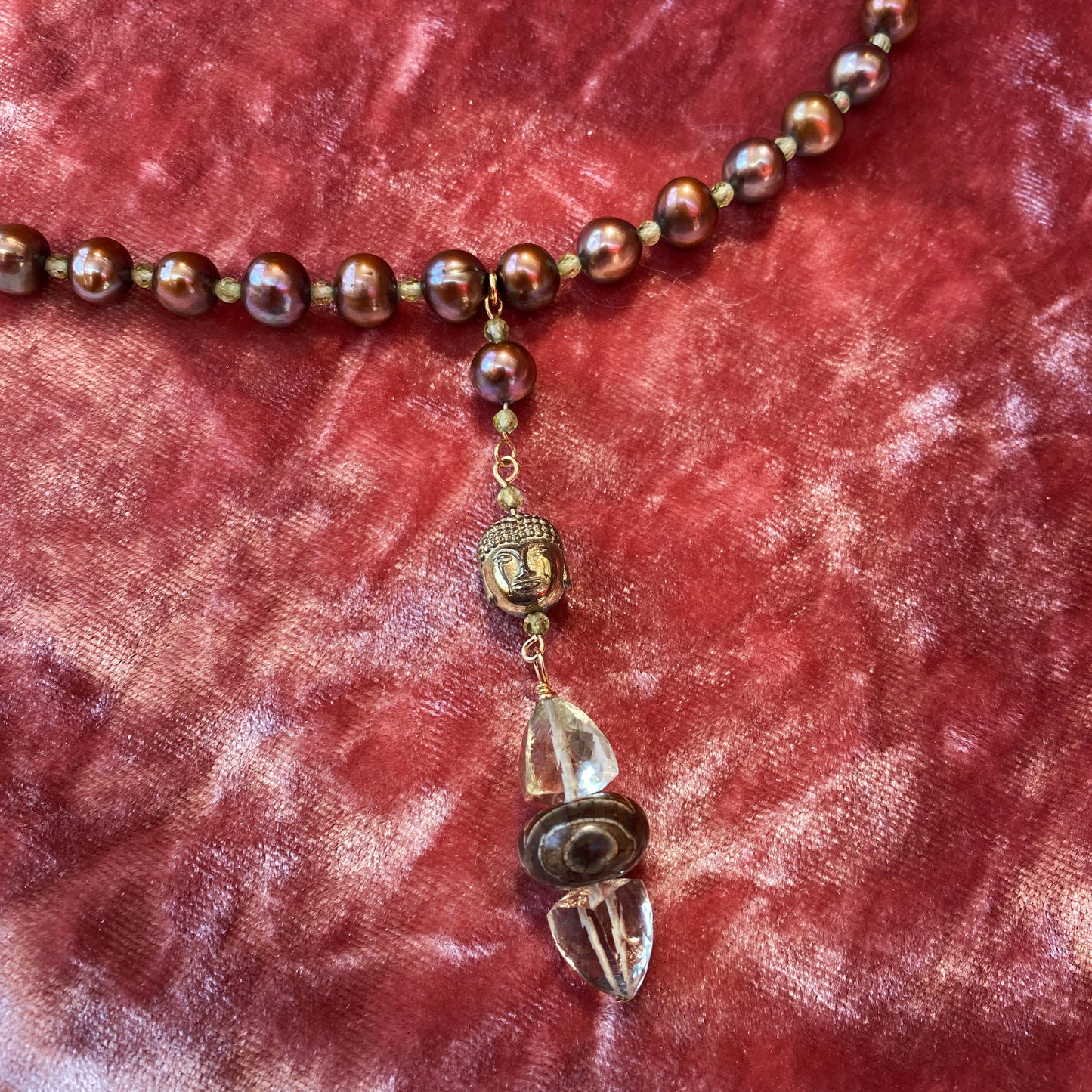 Freshwater pearl necklace with Peridot, Hematite Buddha, Amethyst & Tibetan Agate,