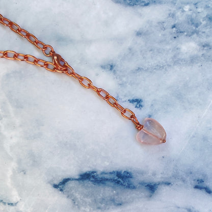 Rose quartz pendant on copper chain necklace