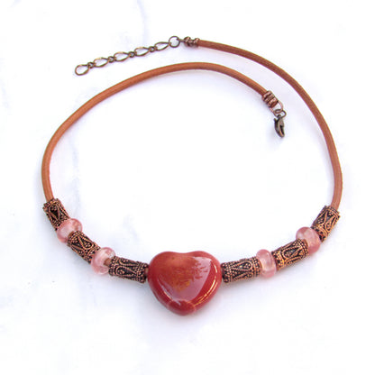 Mookaite gemstone Heart, Cherry Quartz, Copper, and Leather Necklace