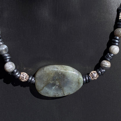 Labradorite gemstone, Sterling Silver, Leather Necklace