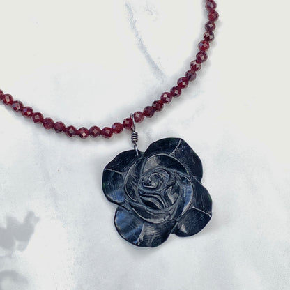 Faceted Garnets with Black Rose Jade Pendant and Oxidized Sterling Silver