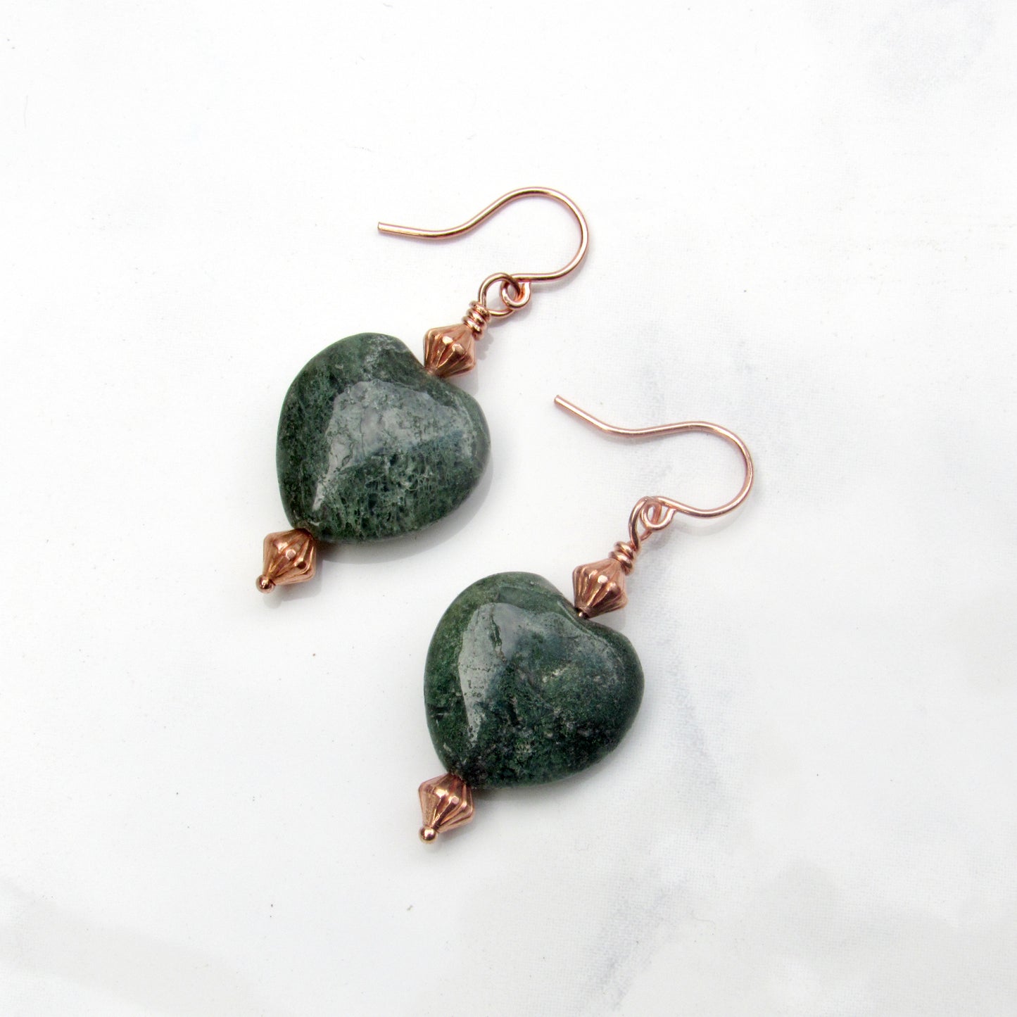 Moss Agate gemstone Heart and Copper Drop earrings