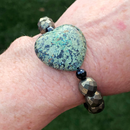 African Turquoise gemstone heart, Pyrite, and Black Spinel bracelet