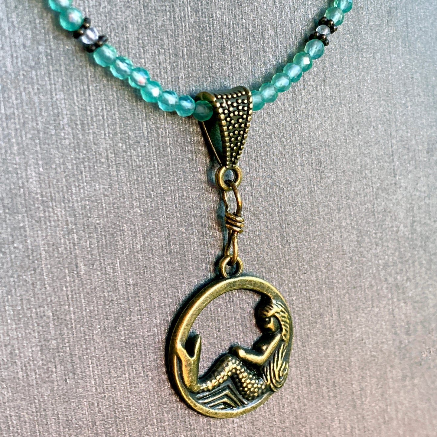 Brass Mermaid on Green Onyx and lemon topaz gemstone beaded necklace