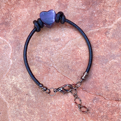 Amethyst gemstone Heart and Leather Bracelet