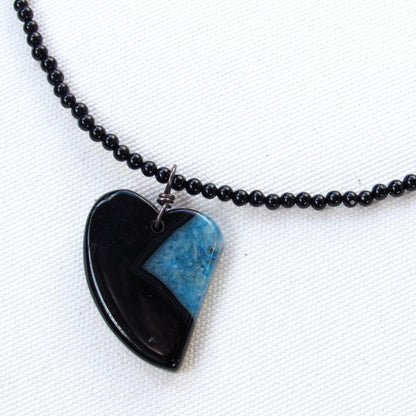 Druzy Agate gemstone Heart on Onyx beaded necklace