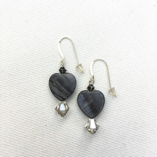 Mother of Pearl gray Heart and Swarovski sterling silver earrings