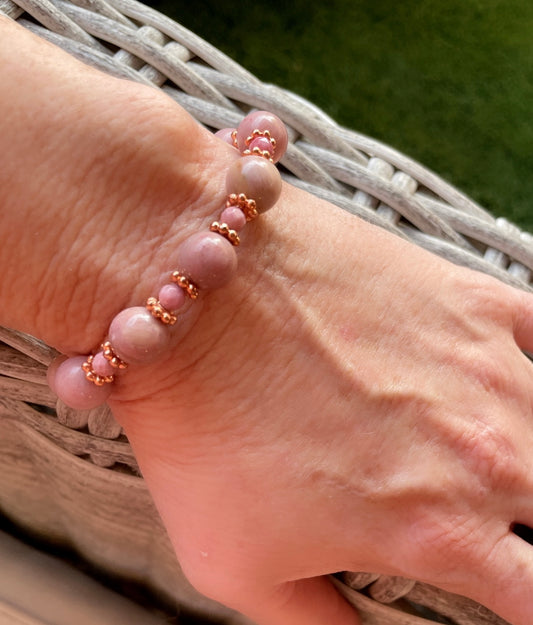 Pink Rhodonite and Copper Beaded Stretch Bracelet