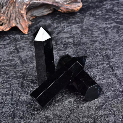 Natural Black Obsidian Quartz Obelisk Healing Crystal Point Wand Reiki
