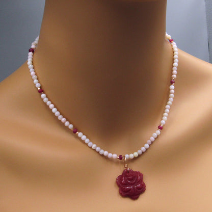 Red Agate Gemstone Flower w/ Pink Opals and Rubies and 14 kt Rose GF Necklace