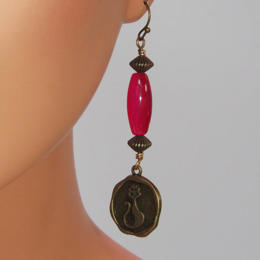 Pink Agate gemstone and Brass Kitty Cat Drop Earrings