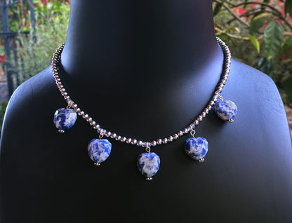 Sodalite heart, silver hematite beads, and sterling silver necklace