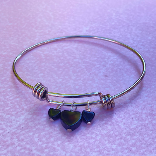 Stainless Steel Bangle with Onyx Hearts
