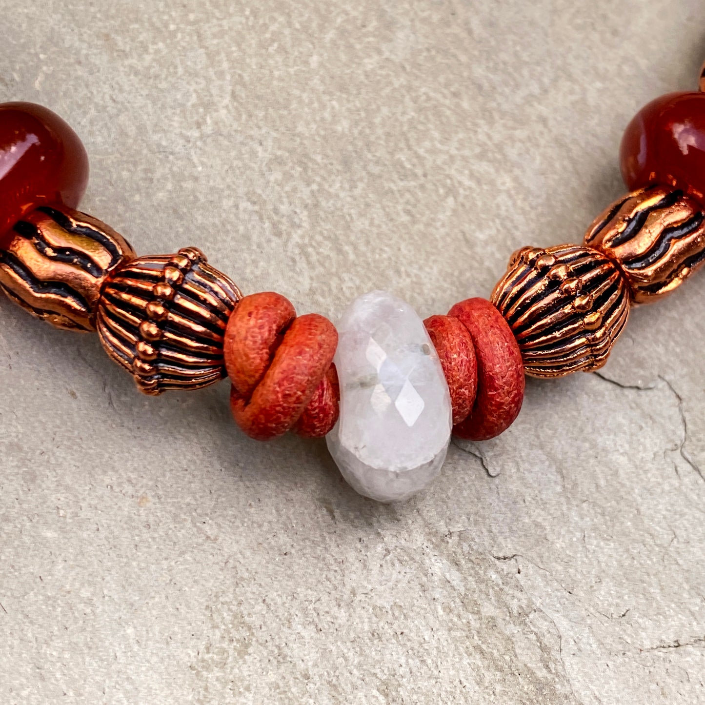 Moonstone gemstone with Red Agate and Copper on Red Leather clasp Bracelet