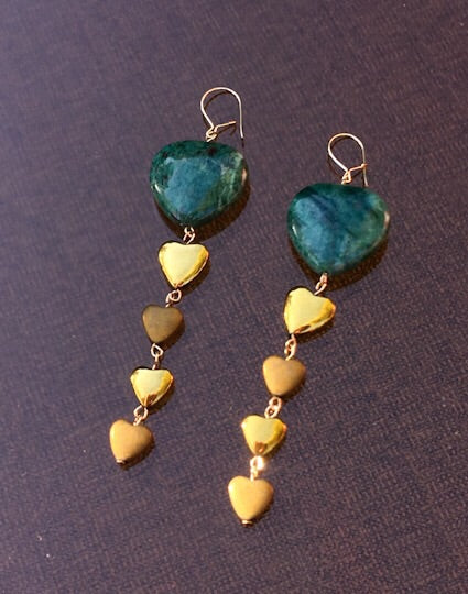 Green Jasper & gold Hematite Hearts long drop Earrings