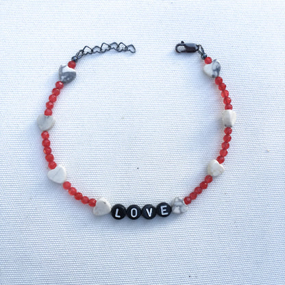 Women's "LOVE"  Red Agate, White Turquoise Gemstone heart and oxidized Sterling Silver anklet