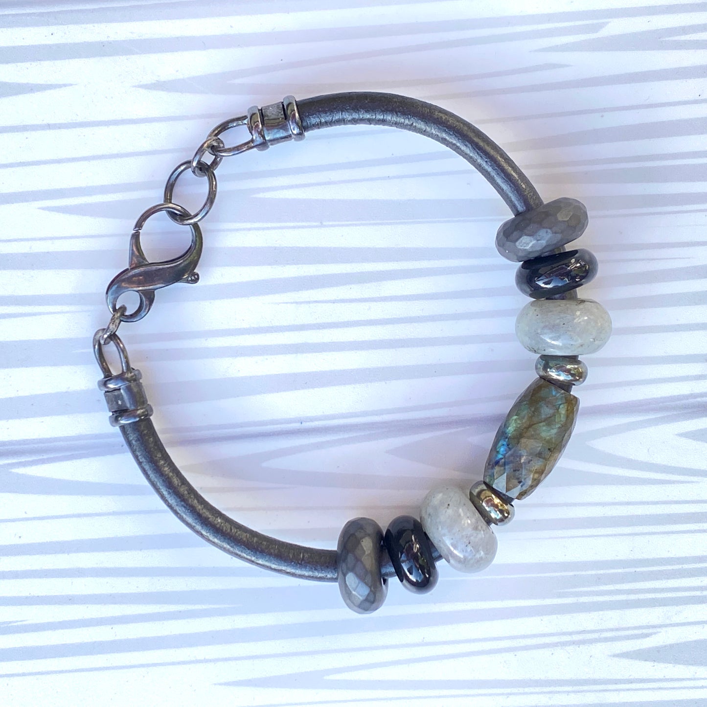 Labradorite gemstone Leather Bracelet with Hematite and Black Obsidian