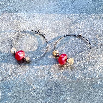 Pink chalcedony, labradorite, oxidized sterling sliver hoop earrings