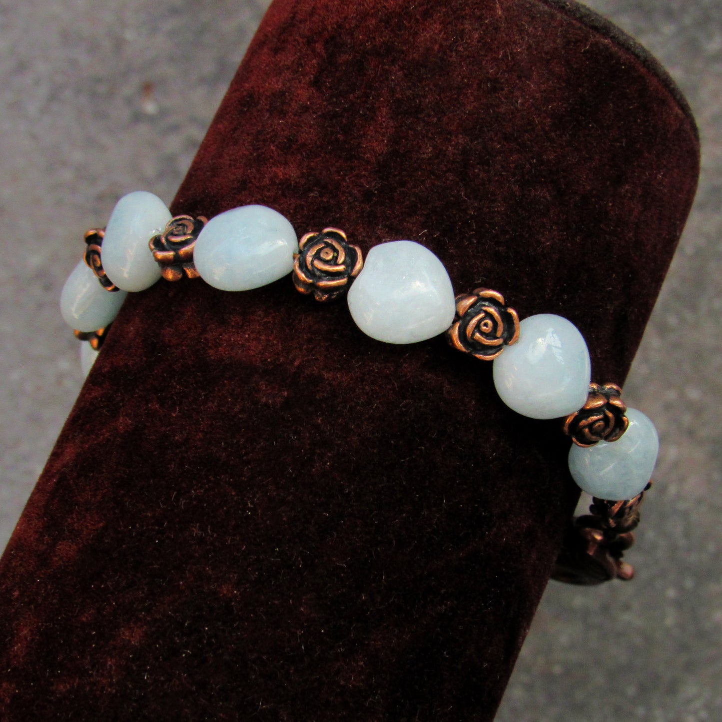 Aquamarine gemstone Heart and Copper Rose Stretch bracelet