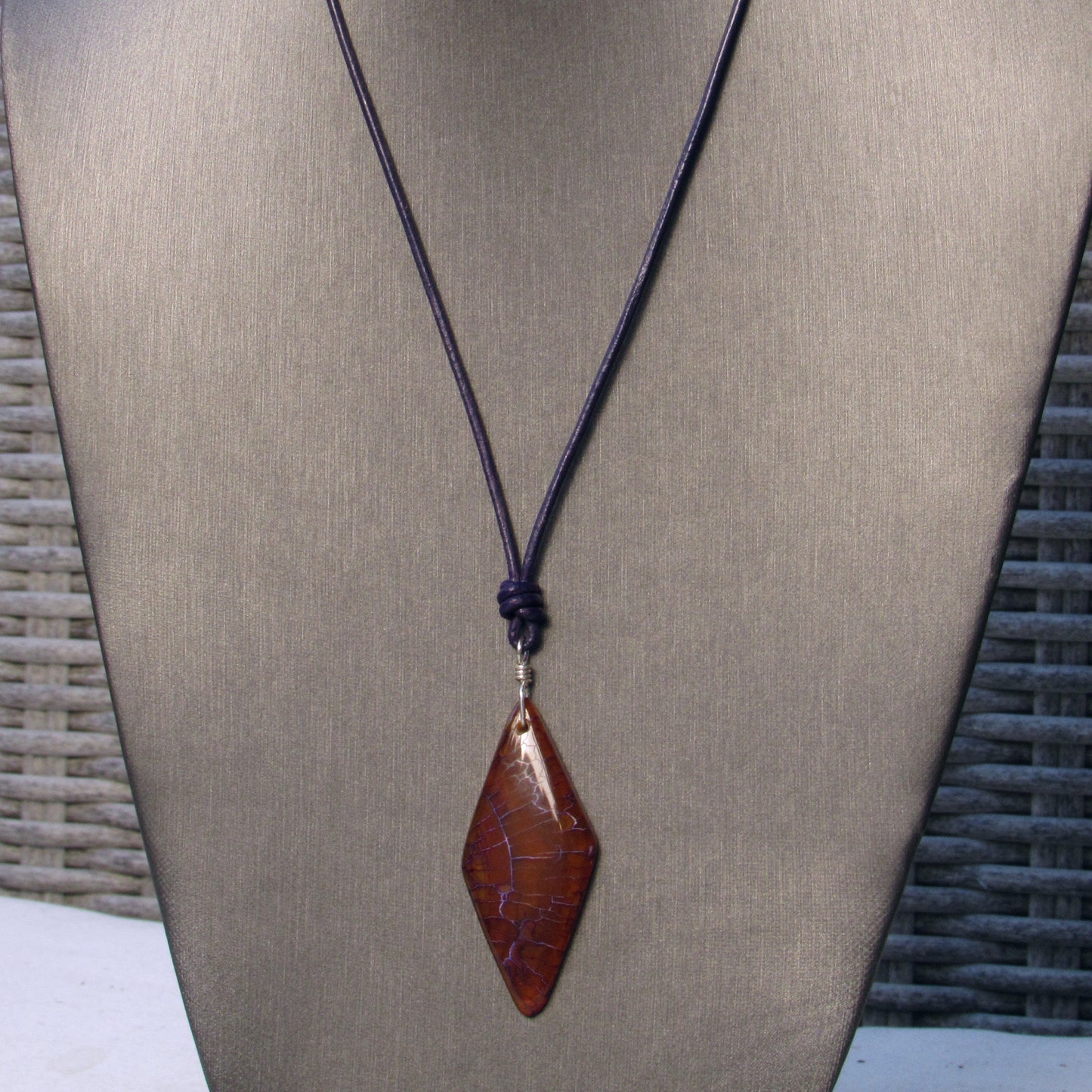 Dragon’s Vein Agate gemstone, Sterling Silver, and Leather
