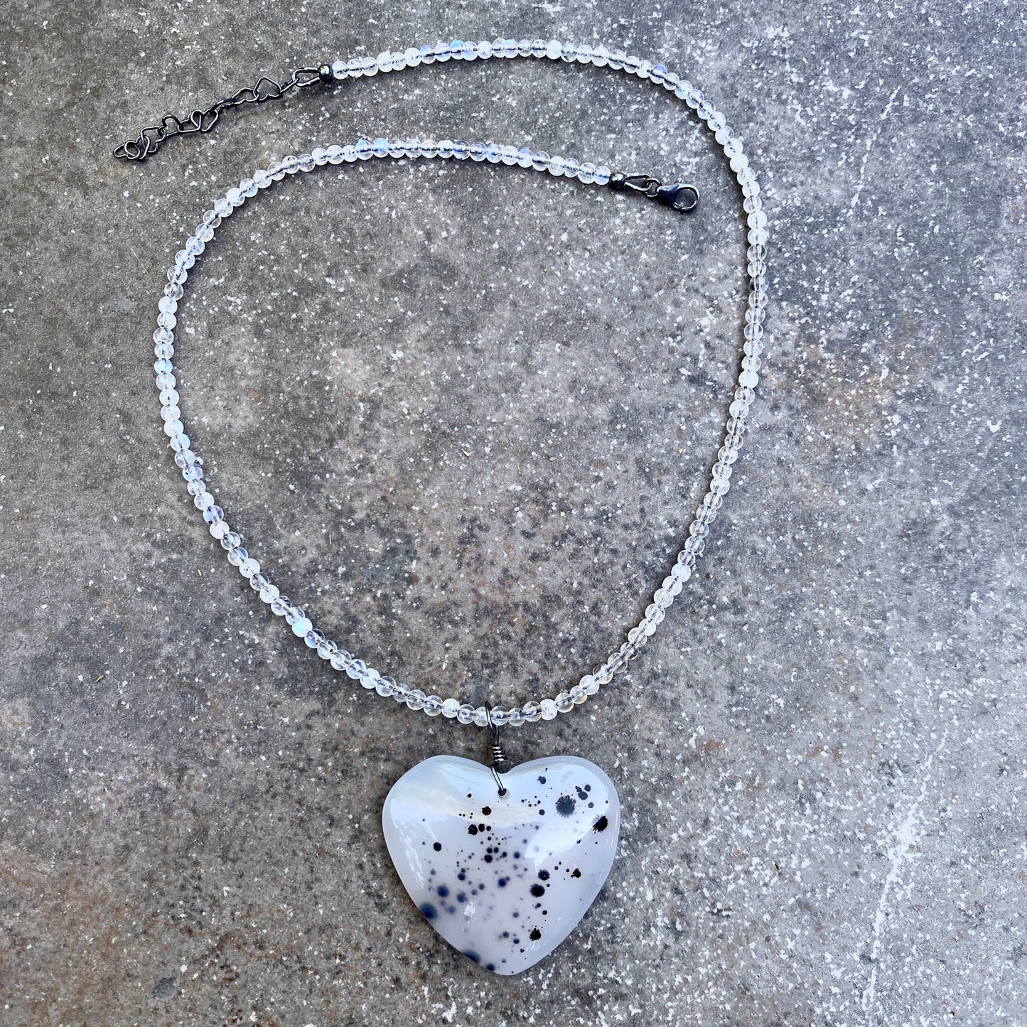 Scenic Dendritic Agate Heart Pendant on Moonstones and Oxidized Sterling Silver
