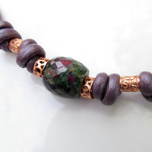 Ruby Zoisite and Copper Hand Knotted on Leather necklace