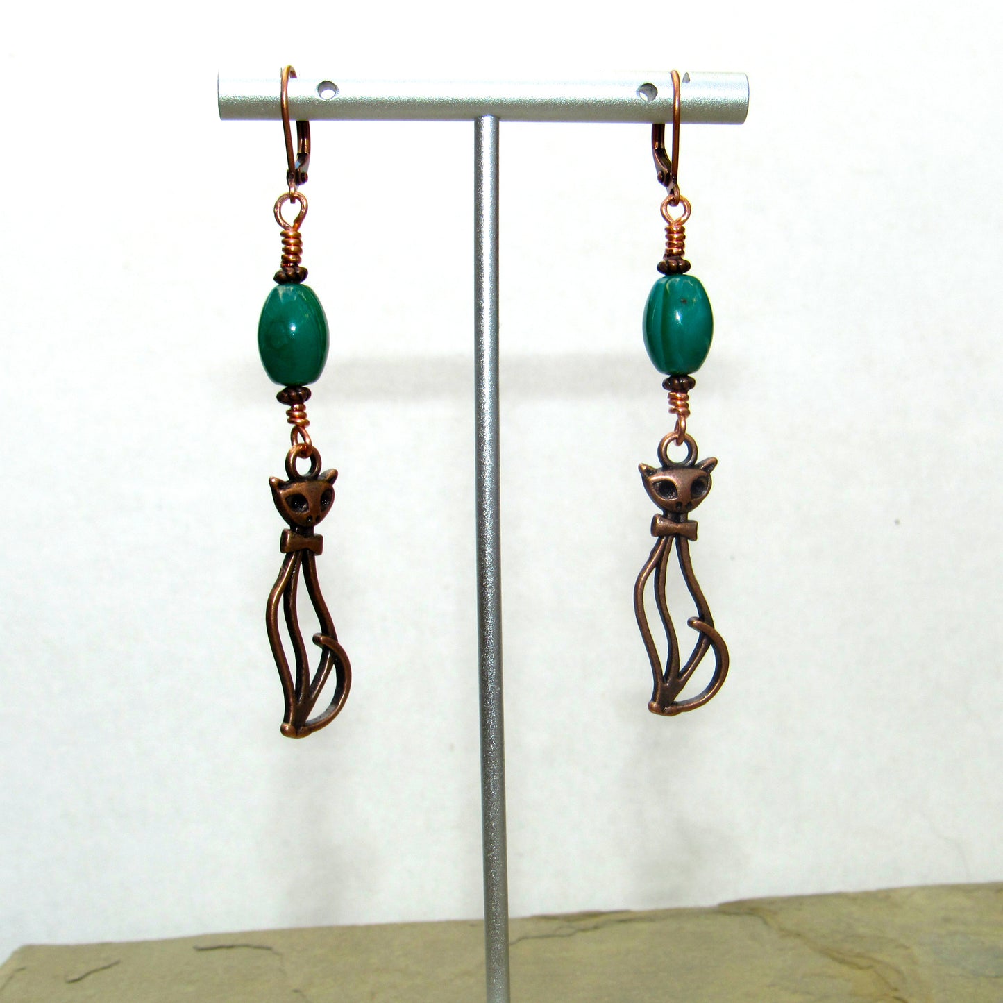 Green Agate gemstone and Copper Kitty Cat Drop Earrings