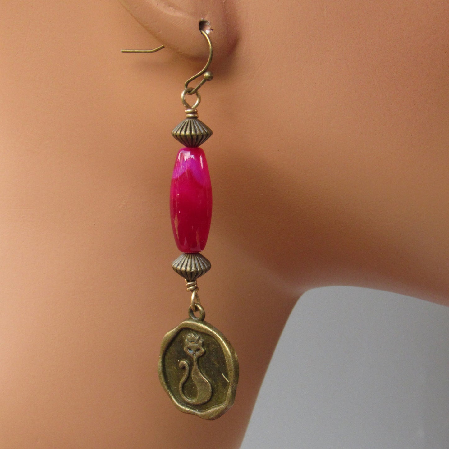 Pink Agate gemstone and Brass Kitty Cat Drop Earrings