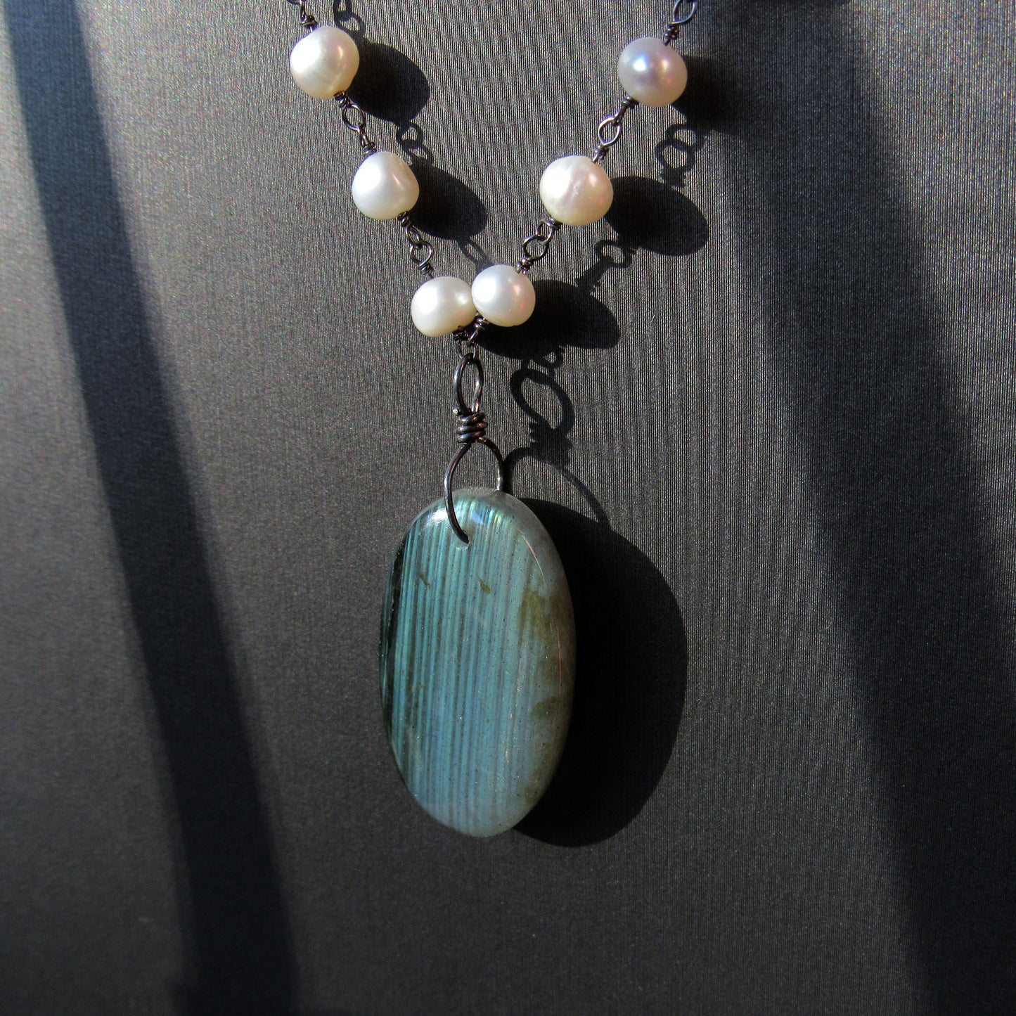 Freshwater Pearls, Oxidized Sterling Silver, and Fire Labradorite Necklace