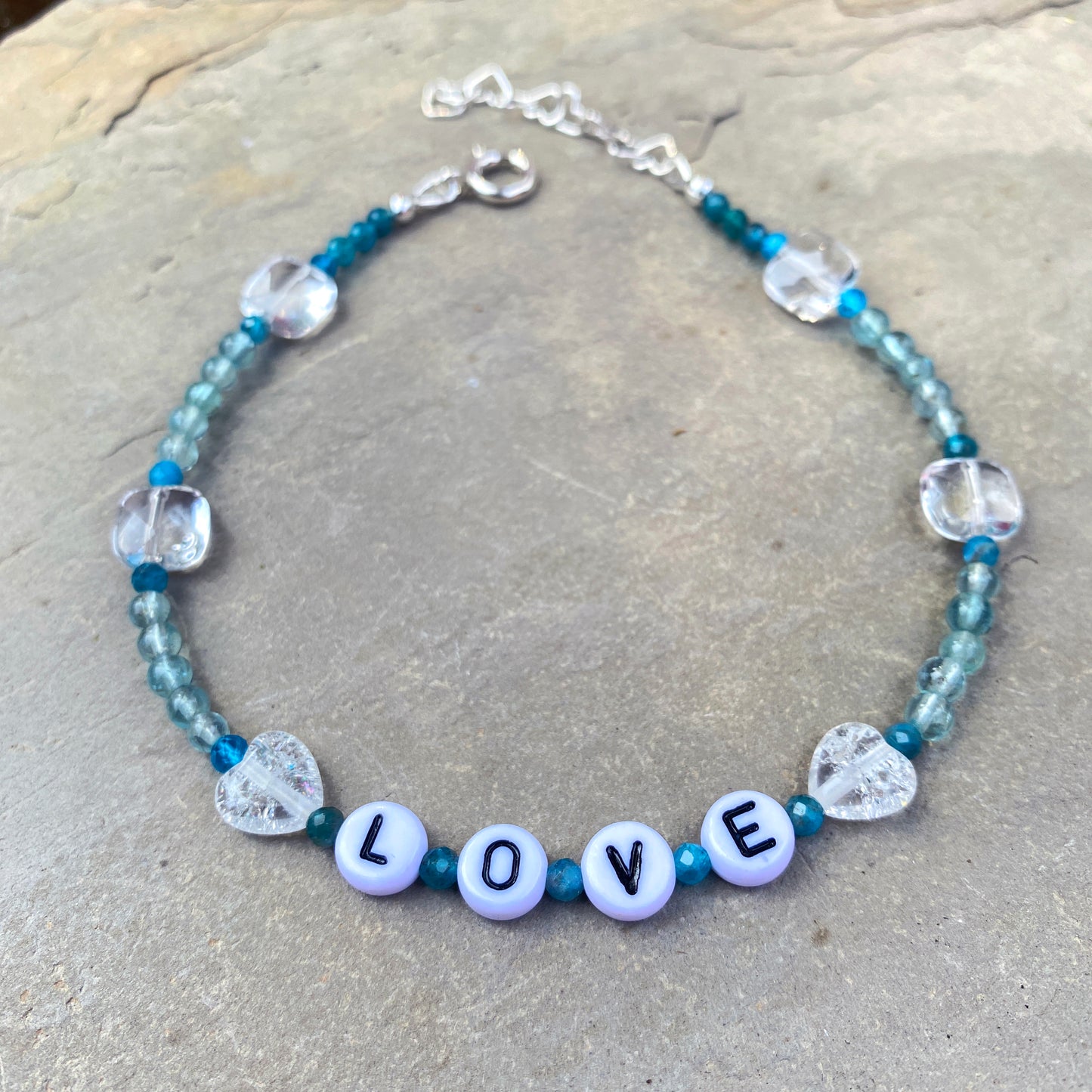 Blue Apatite “LOVE” anklet with Clear Quartz Gemstone heart beads
