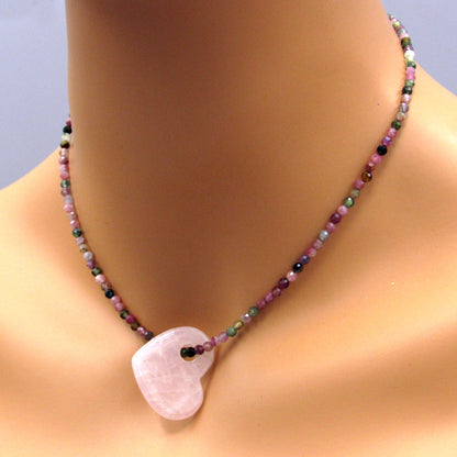 Rose Quartz on mixed tourmaline with 14 kt rose gold filed
