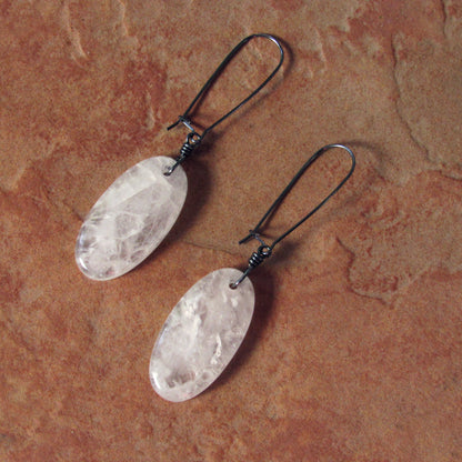 Light Rose Quartz and Hand Wrapped Oxidized Sterling Silver Drop Earrings