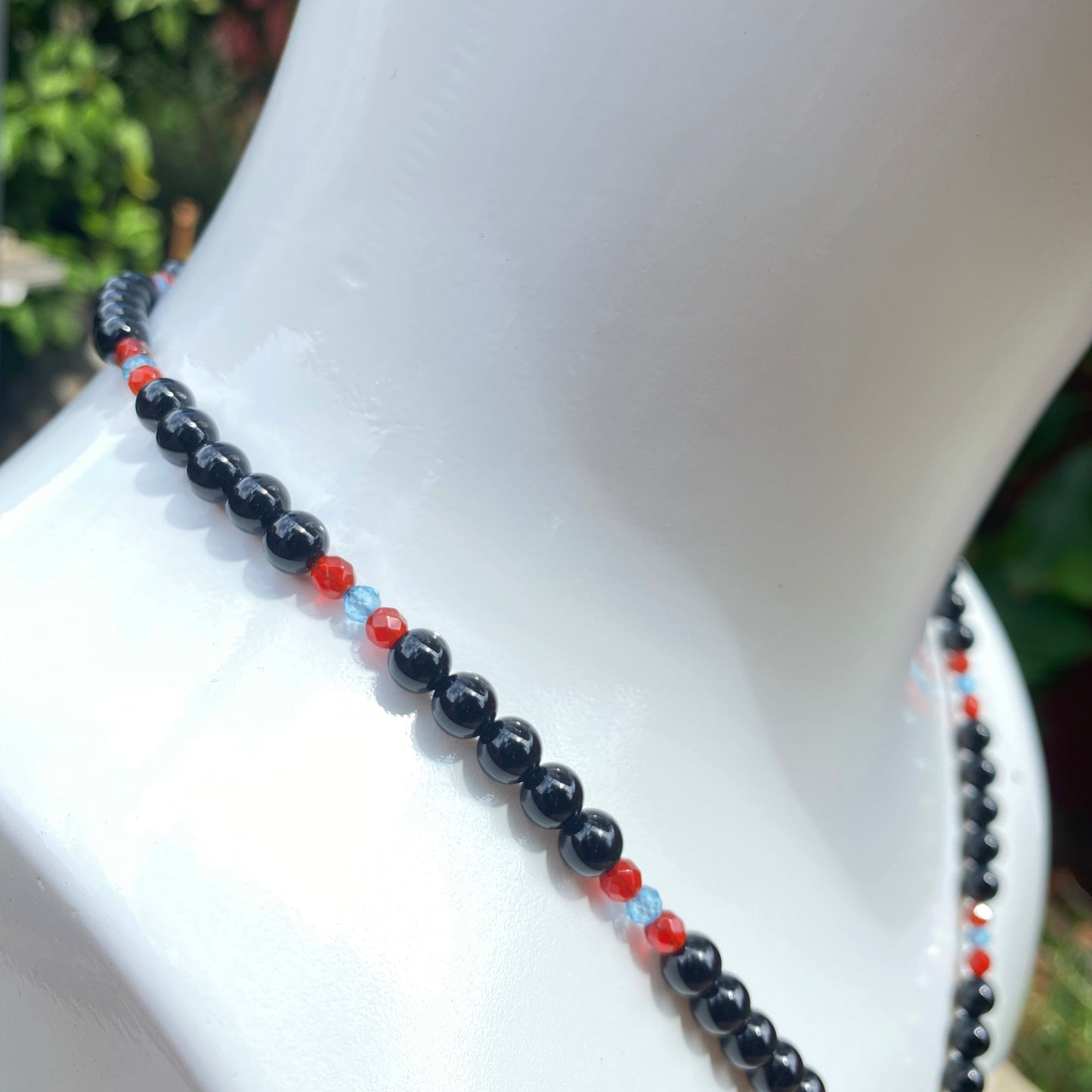 Unisex Agate moon on Onyx, Red Agate, Blue Topaz Gemstone Necklace