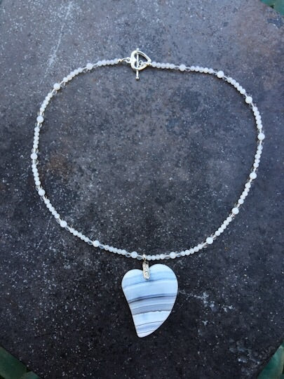 Striped Onyx heart pendant on beaded Moonstone & Clear Quartz Gemstone necklace