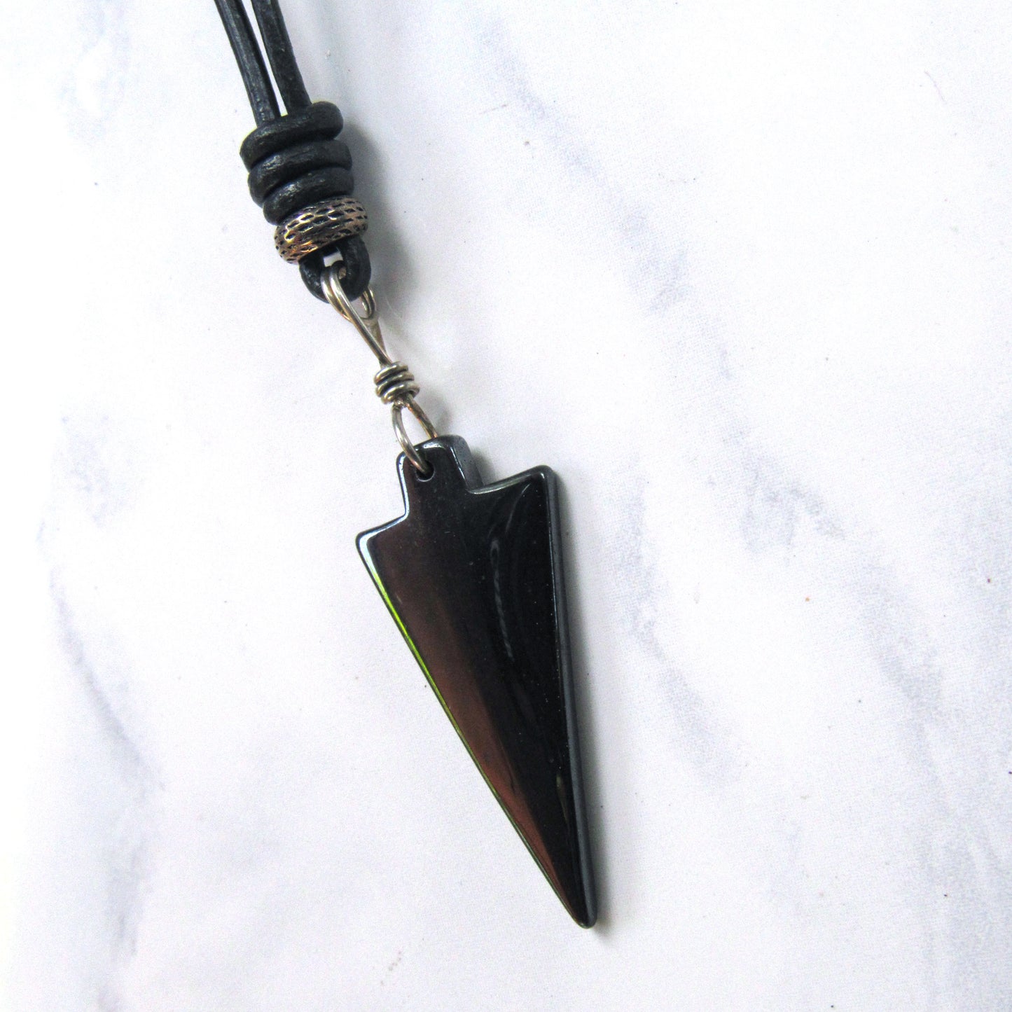 Hematite Arrow Hand Wrapped and Knotted with Sterling Silver on Leather Necklace