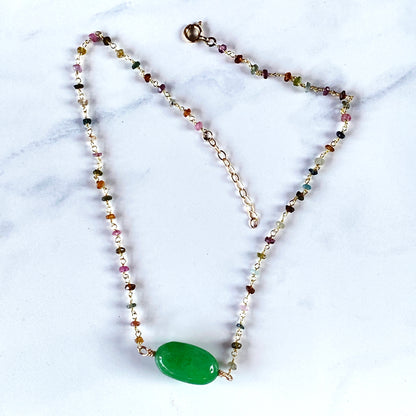 Emerald, Mixed Tourmaline gemstone and Gold over sterling silver choker