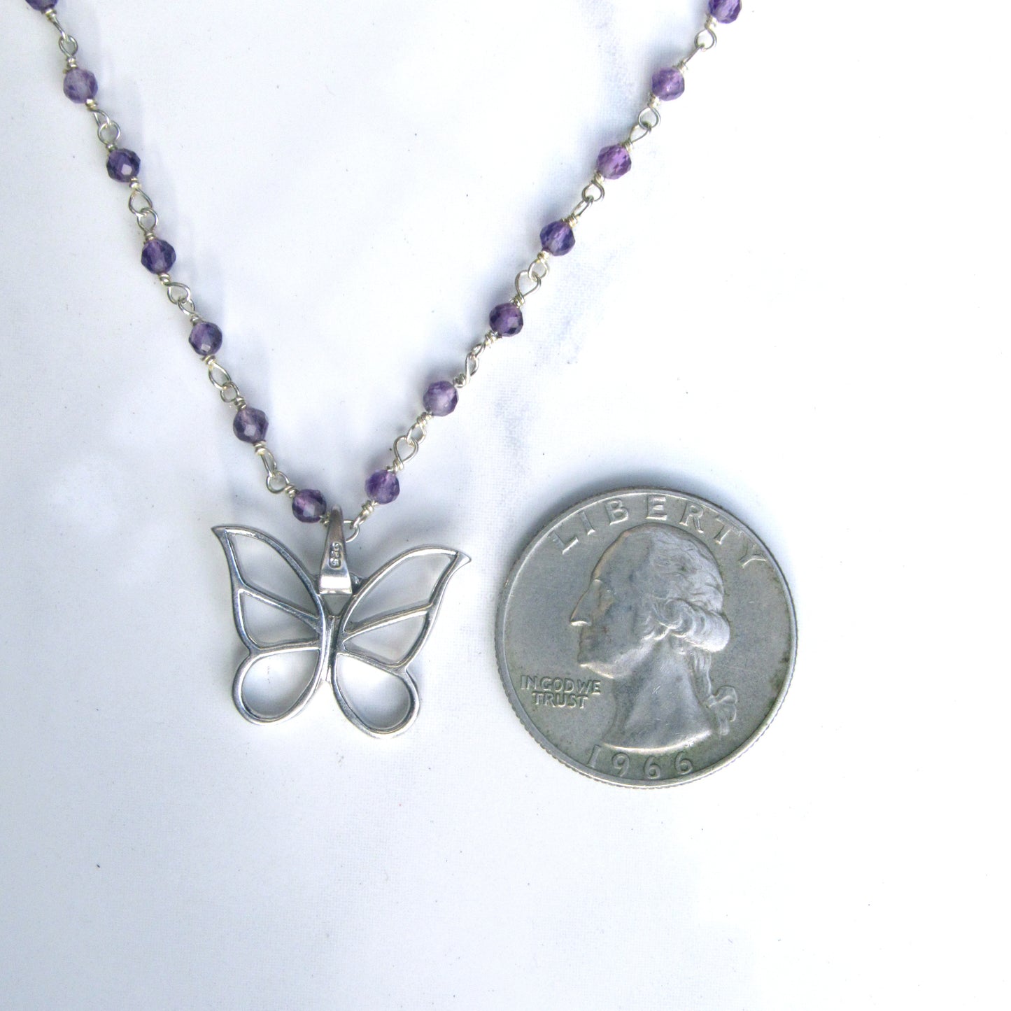 Sterling Silver Wrapped Amethyst gemstone Beads with Sterling Silver Butterfly Pendant