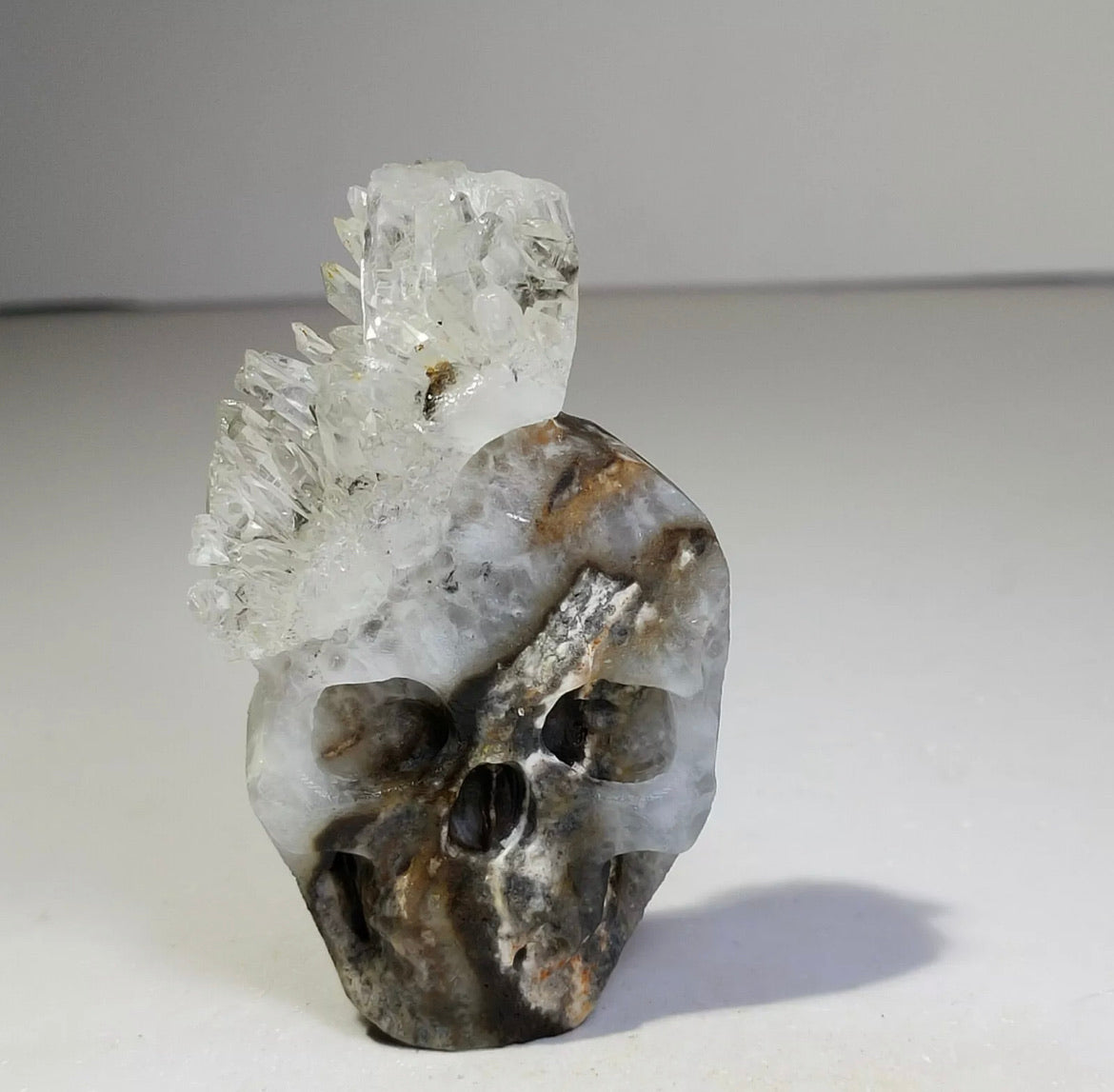 Natural crystal, quartz cluster, mineral specimen, hand carved, skull