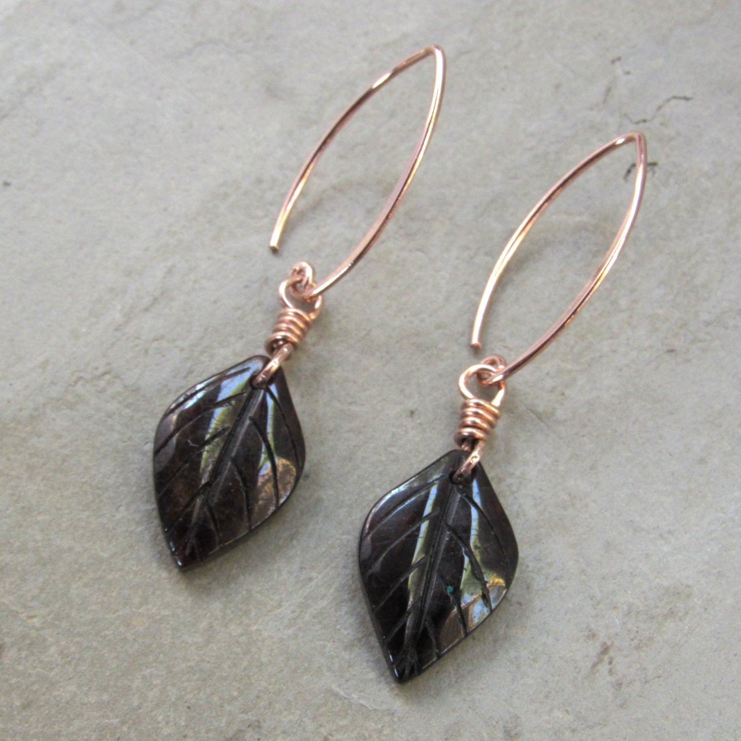 Genuine Garnet Leaf Carved Earrings Hand Wrapped with Silver Vermeil Wire
