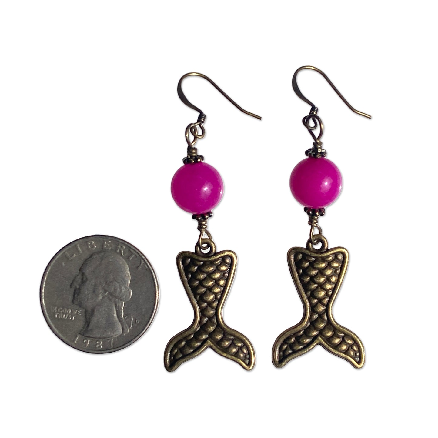 Rhodochrosite gemstone and brass Mermaid Tail Dangle Drop Earrings