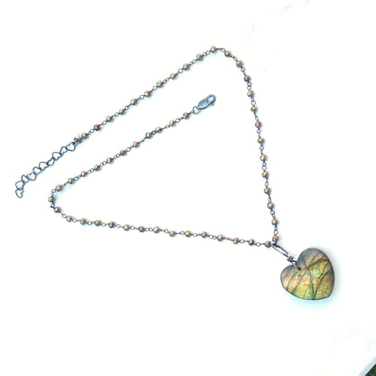 Labradorite Heart on Pyrite and Oxidized Sterling Silver Chain