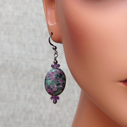 Ruby Zoisite gemstone, Amethyst, Oxidized Sterling Silver Drop Earrings