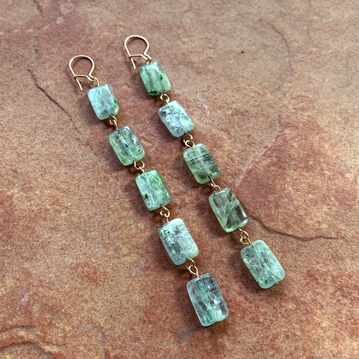 Green Kyanite Gemstone and 14 kt gold filled long drop earrings