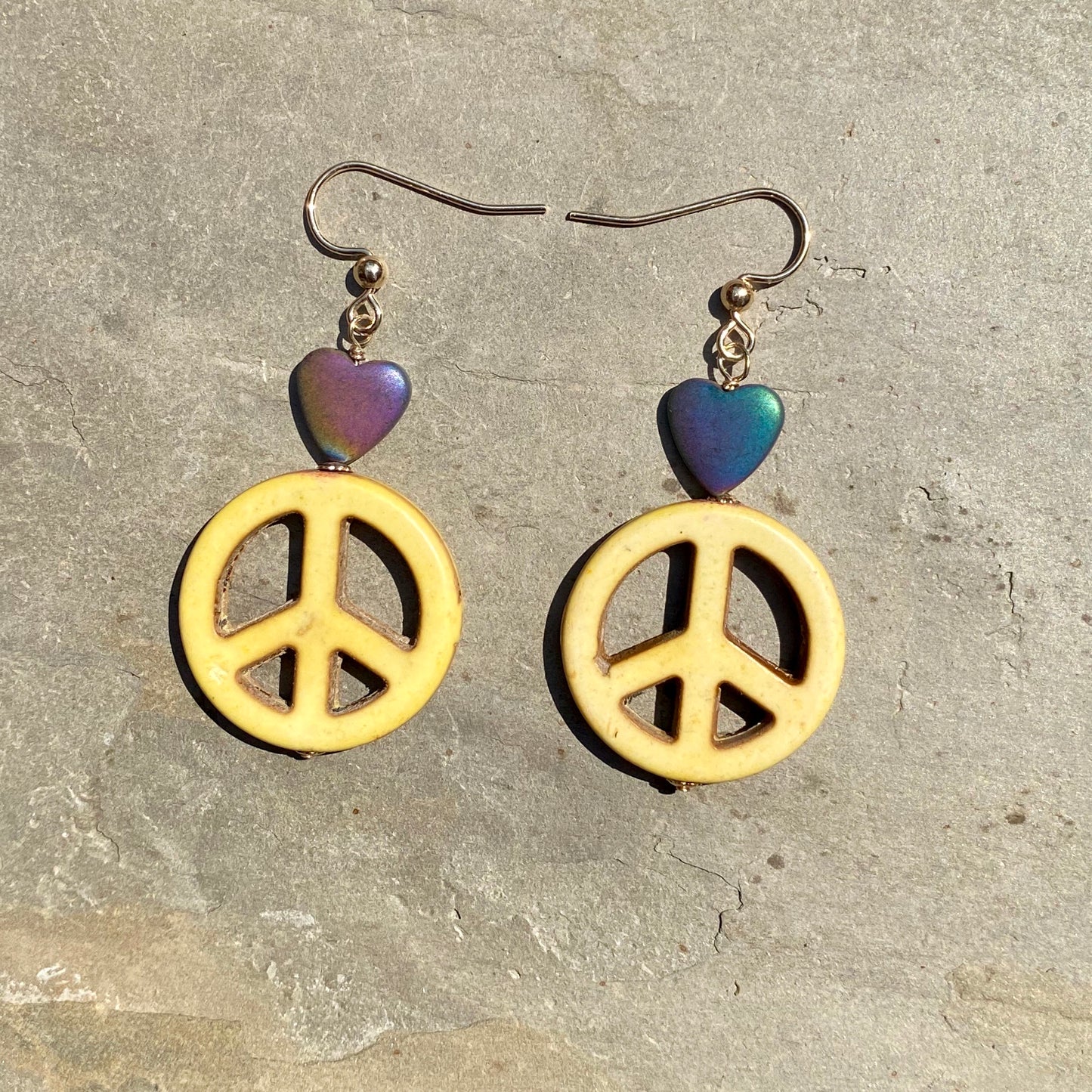 Howlite Peace Sign w/ Hematite Heart Drop Earrings in Choice of colors