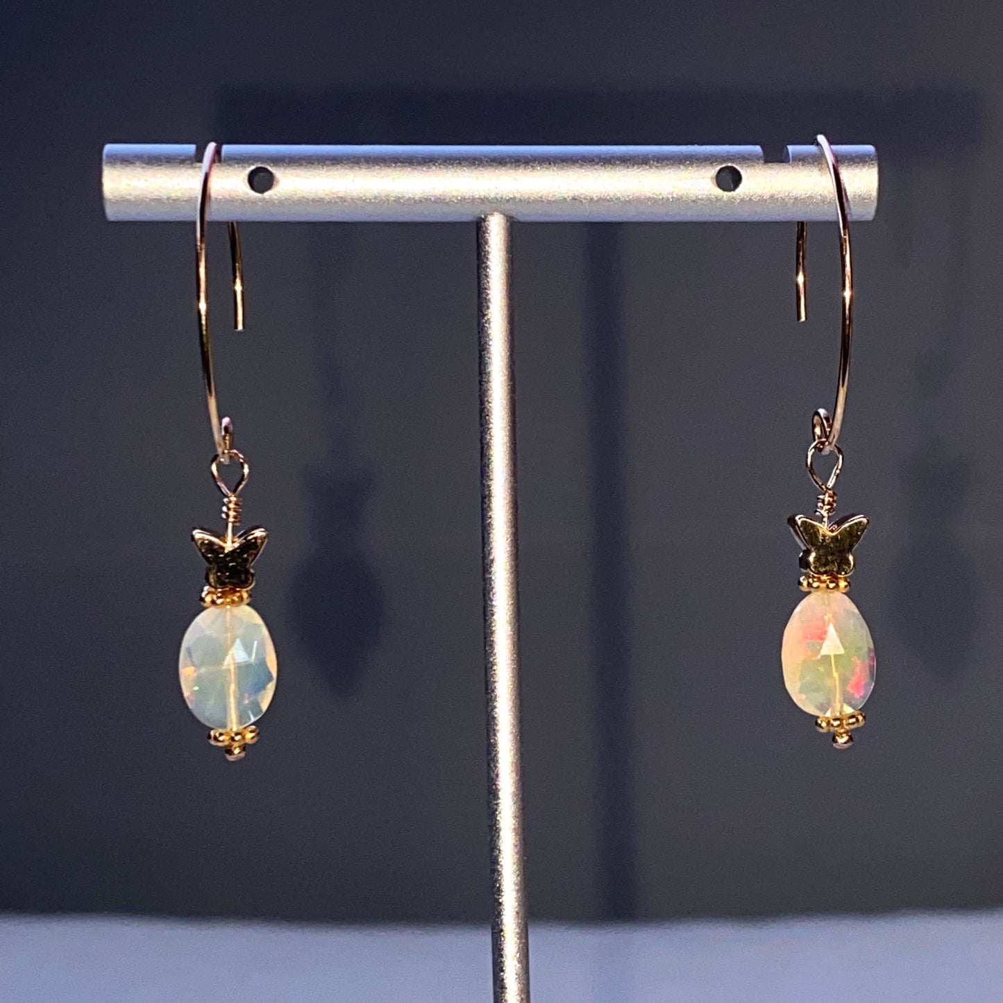 Ethiopian Opal gemstones and 14 kt Gold Fill Butterfly Dangle Earrings